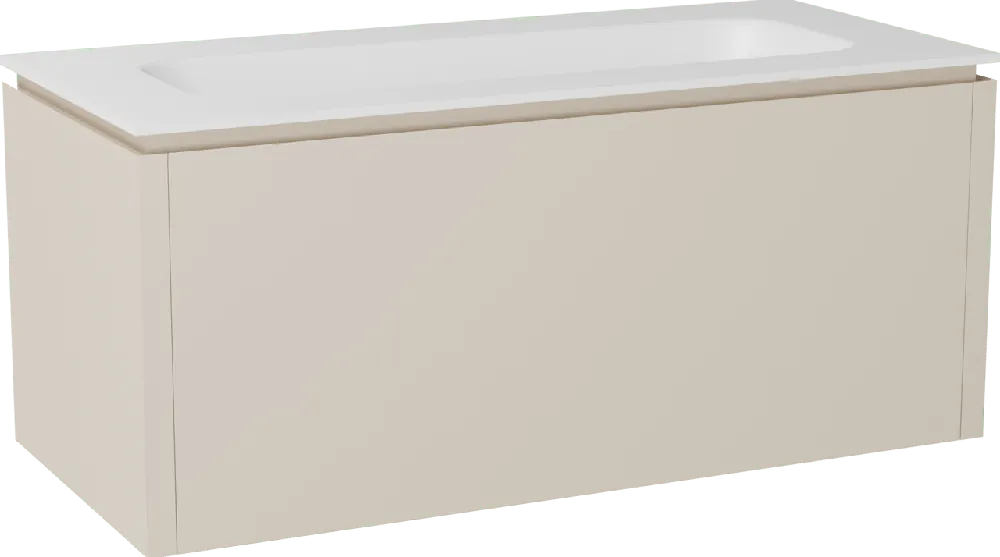 Balmani Eclips meuble salle de bains suspendu 120 x 55 cm Sandbeige avec Tablo Arcato plan simple pour 2 trous de robinet en Solid Surface blanc mat
