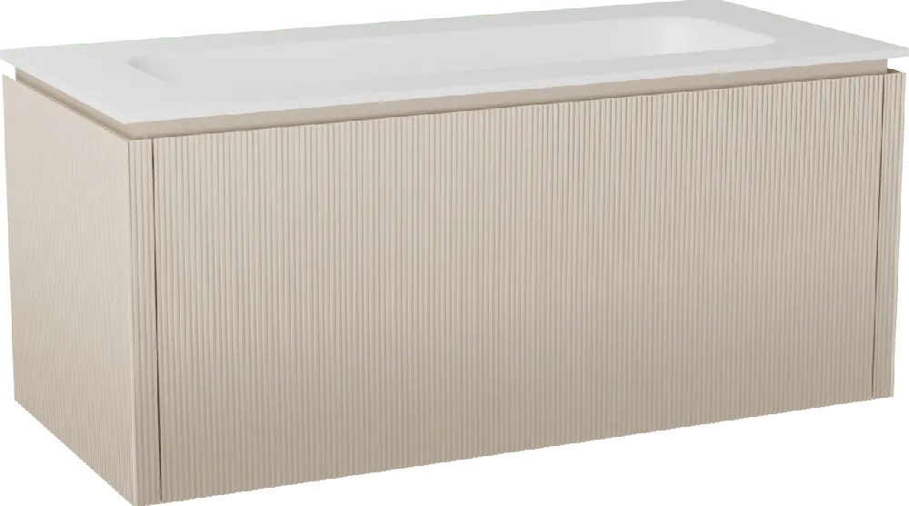 Balmani Eclips meuble salle de bains suspendu 120 x 55 cm Sandbeige avec Tablo Arcato plan simple pour 2 trous de robinet en Solid Surface blanc mat, Nervure droite symétrique verticale