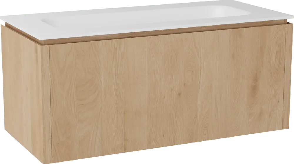 Balmani Eclips meuble salle de bains suspendu 120 x 55 cm Chêne naturelle avec Tablo Arcato plan simple pour 2 trous de robinet en Solid Surface blanc mat