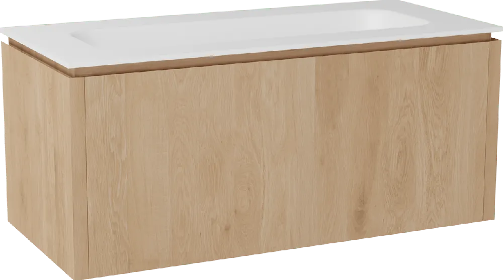 Balmani Eclips meuble salle de bains suspendu 120 x 55 cm Chêne naturelle avec Tablo Arcato plan simple pour 2 trous de robinet en Solid Surface blanc mat