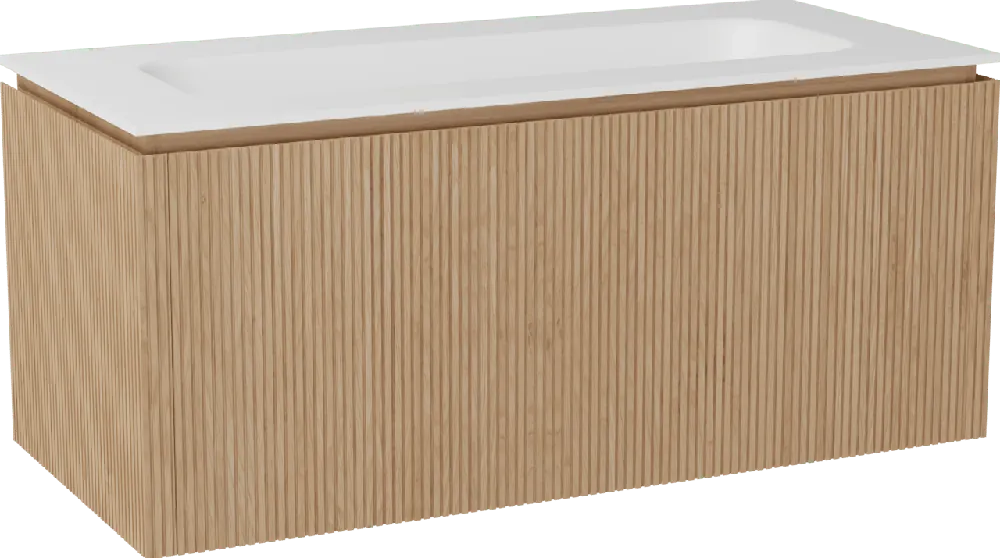 Balmani Eclips meuble salle de bains suspendu 120 x 55 cm Chêne naturelle avec Tablo Arcato plan simple pour 2 trous de robinet en Solid Surface blanc mat, Nervure droite symétrique verticale