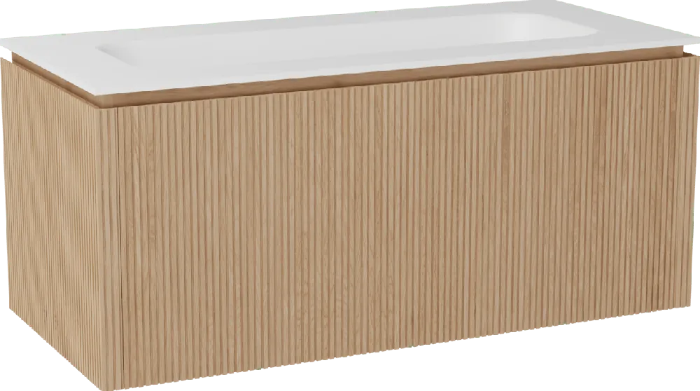 Balmani Eclips meuble salle de bains suspendu 120 x 55 cm Chêne naturelle avec Tablo Arcato plan simple pour 2 trous de robinet en Solid Surface blanc mat, Nervure droite symétrique verticale