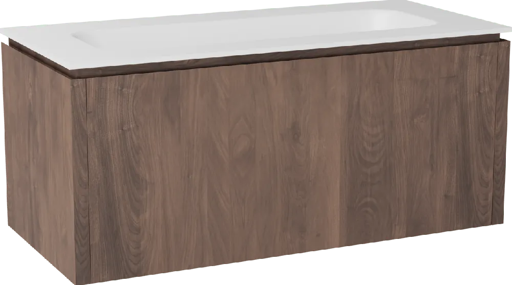 Balmani Eclips meuble salle de bains suspendu 120 x 55 cm Noyer américain avec Tablo Arcato plan simple pour 2 trous de robinet en Solid Surface blanc mat