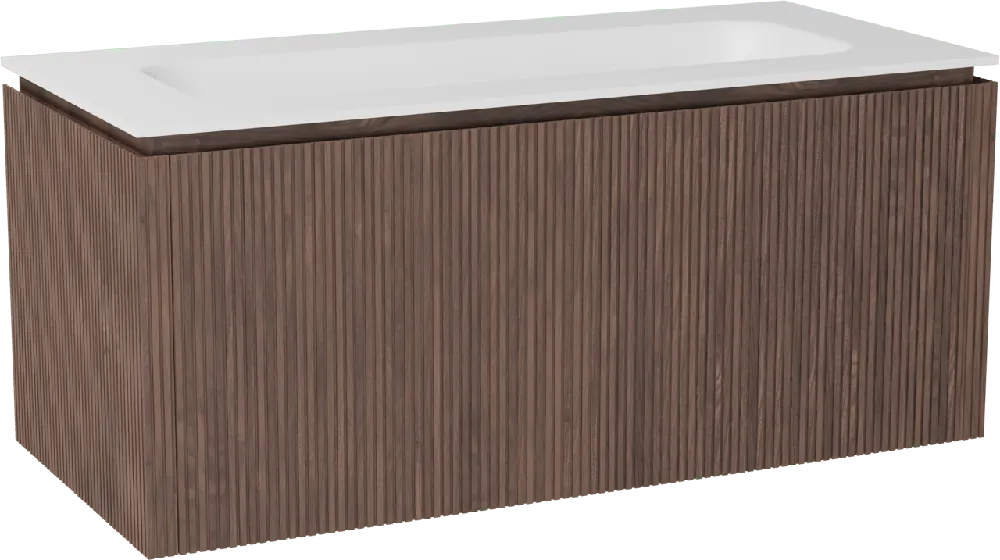 Balmani Eclips meuble salle de bains suspendu 120 x 55 cm Noyer américain avec Tablo Arcato plan simple pour 2 trous de robinet en Solid Surface blanc mat, Nervure droite symétrique verticale