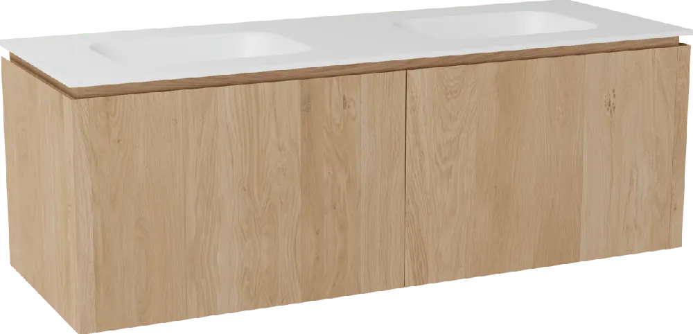 Balmani Eclips meuble salle de bains suspendu 150 x 55 cm Chêne naturelle avec Tablo Arcato double vasque en Solid Surface blanc mat