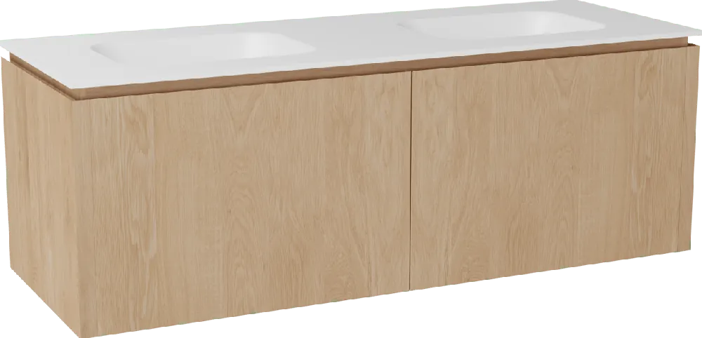 Balmani Eclips meuble salle de bains suspendu 150 x 55 cm Chêne naturelle avec Tablo Arcato double vasque en Solid Surface blanc mat
