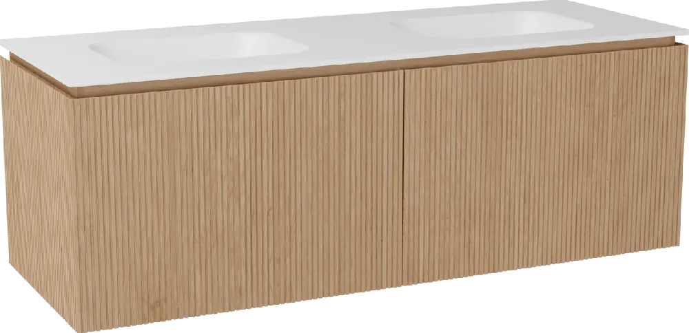 Balmani Eclips meuble salle de bains suspendu 150 x 55 cm Chêne naturelle avec Tablo Arcato double vasque en Solid Surface blanc mat, Nervure droite symétrique verticale