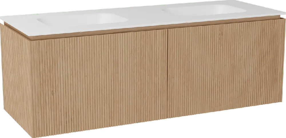Balmani Eclips meuble salle de bains suspendu 150 x 55 cm Chêne naturelle avec Tablo Arcato double vasque en Solid Surface blanc mat, Nervure droite symétrique verticale