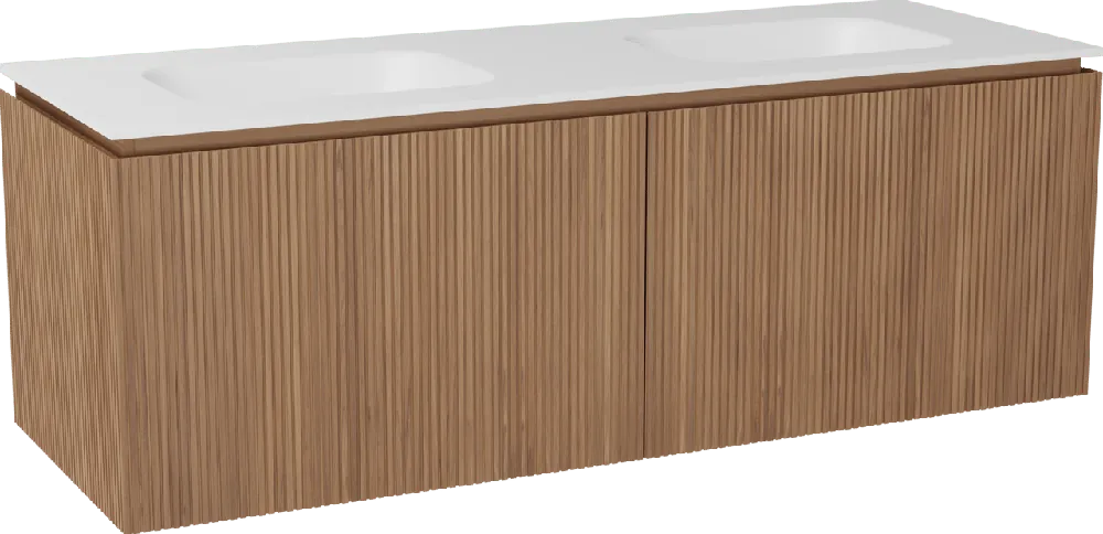 Balmani Eclips meuble salle de bains suspendu 150 x 55 cm Teck avec Tablo Arcato double vasque en Solid Surface blanc mat, Nervure droite symétrique verticale
