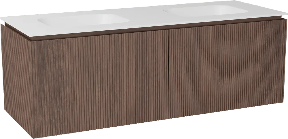 Balmani Eclips meuble salle de bains suspendu 150 x 55 cm Noyer américain avec Tablo Arcato double vasque en Solid Surface blanc mat, Nervure droite symétrique verticale