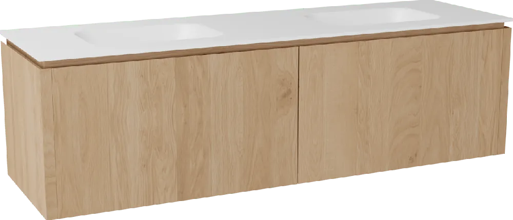 Balmani Eclips meuble salle de bains suspendu 180 x 55 cm Chêne naturelle avec Tablo Arcato double vasque en Solid Surface blanc mat