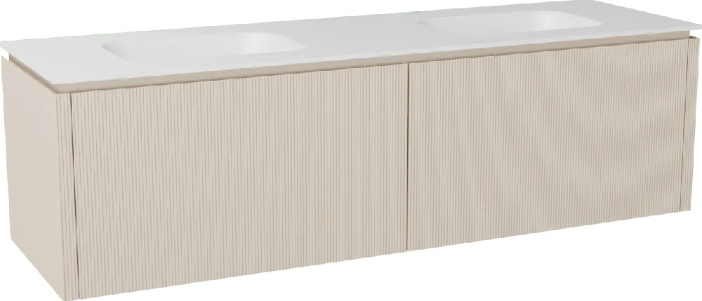 Balmani Eclips meuble salle de bains suspendu 180 x 55 cm Sandbeige avec Tablo Arcato double vasque en Solid Surface blanc mat, Nervure droite symétrique verticale