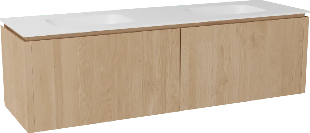Balmani Eclips meuble salle de bains suspendu 180 x 55 cm Chêne naturelle avec Tablo Arcato double vasque en Solid Surface blanc mat