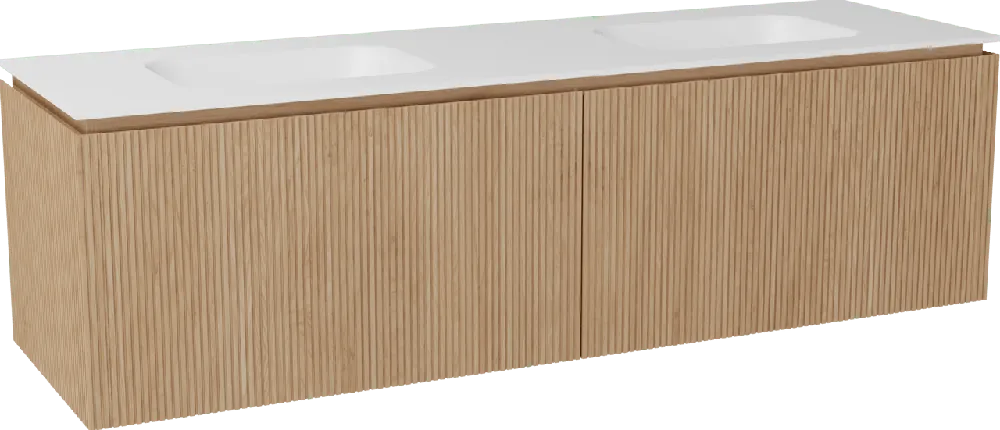 Balmani Eclips meuble salle de bains suspendu 180 x 55 cm Chêne naturelle avec Tablo Arcato double vasque en Solid Surface blanc mat, Nervure droite symétrique verticale