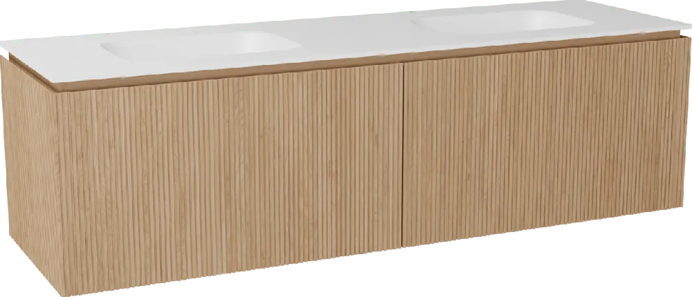 Balmani Eclips meuble salle de bains suspendu 180 x 55 cm Chêne naturelle avec Tablo Arcato double vasque en Solid Surface blanc mat, Nervure droite symétrique verticale