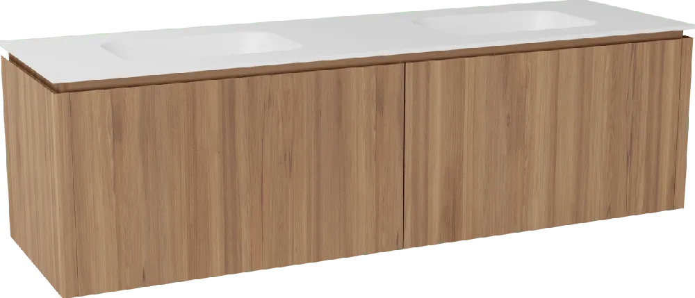Balmani Eclips meuble salle de bains suspendu 180 x 55 cm Teck avec Tablo Arcato double vasque en Solid Surface blanc mat