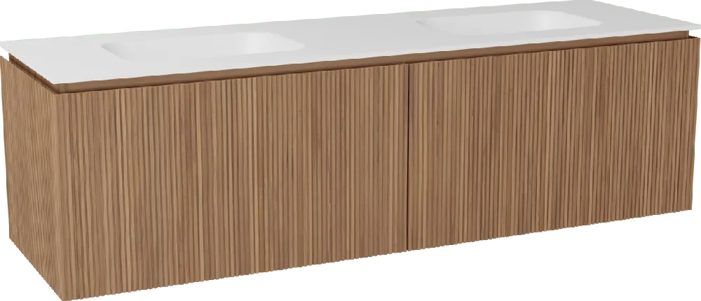 Balmani Eclips meuble salle de bains suspendu 180 x 55 cm Teck avec Tablo Arcato double vasque en Solid Surface blanc mat, Nervure droite symétrique verticale