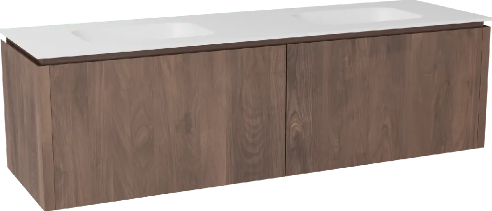 Balmani Eclips meuble salle de bains suspendu 180 x 55 cm Noyer américain avec Tablo Arcato double vasque en Solid Surface blanc mat
