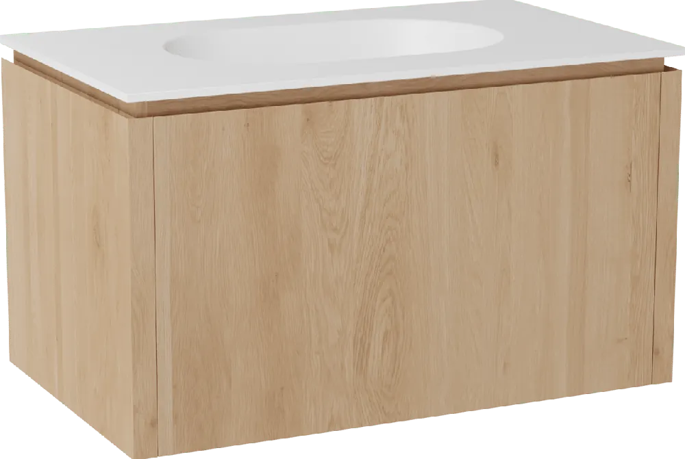 Balmani Eclips meuble salle de bains suspendu 90 x 55 cm Chêne naturelle avec Tablo Oval plan simple en Solid Surface blanc mat