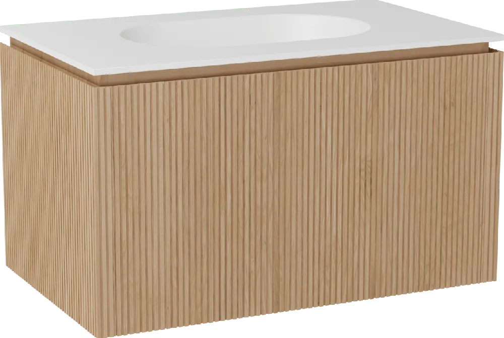 Balmani Eclips meuble salle de bains suspendu 90 x 55 cm Chêne naturelle avec Tablo Oval plan simple en Solid Surface blanc mat, Nervure droite symétrique verticale