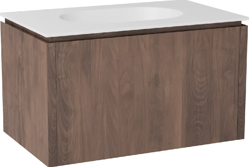 Balmani Eclips meuble salle de bains suspendu 90 x 55 cm Noyer américain avec Tablo Oval plan simple en Solid Surface blanc mat