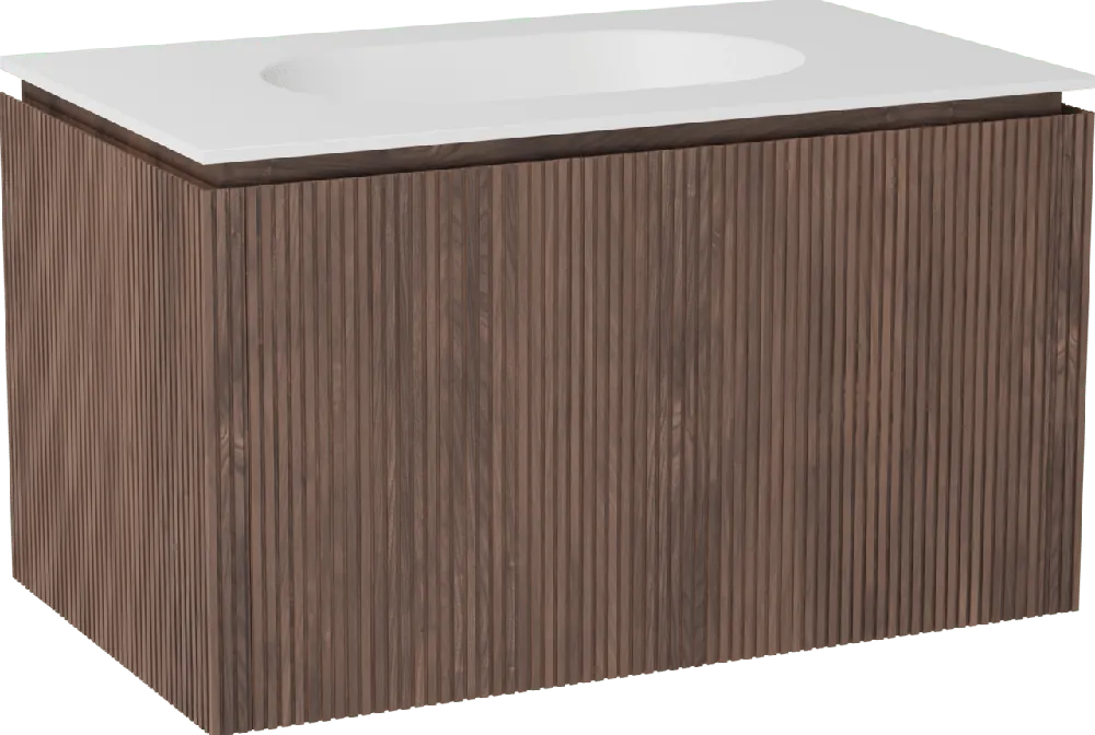 Balmani Eclips meuble salle de bains suspendu 90 x 55 cm Noyer américain avec Tablo Oval plan simple en Solid Surface blanc mat, Nervure droite symétrique verticale