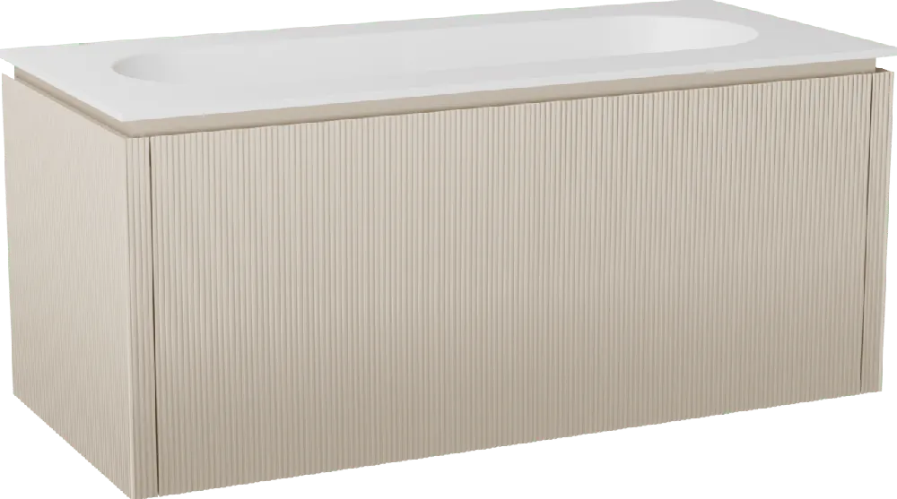 Balmani Eclips meuble salle de bains suspendu 120 x 55 cm Sandbeige avec Tablo Oval plan simple pour 2 trous de robinet en Solid Surface blanc mat, Nervure droite symétrique verticale