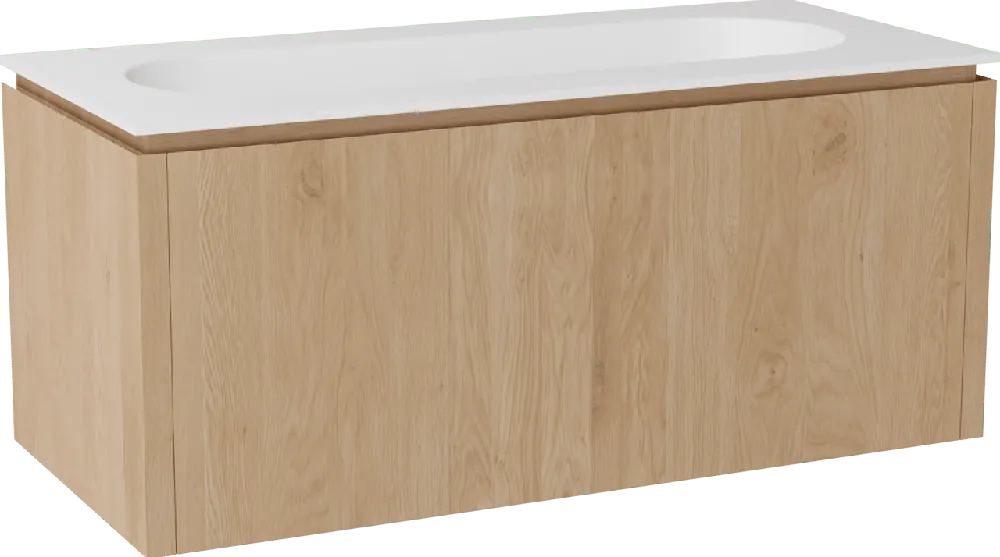 Balmani Eclips meuble salle de bains suspendu 120 x 55 cm Chêne naturelle avec Tablo Oval plan simple pour 2 trous de robinet en Solid Surface blanc mat