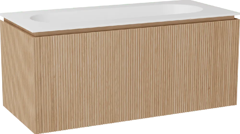 Balmani Eclips meuble salle de bains suspendu 120 x 55 cm Chêne naturelle avec Tablo Oval plan simple pour 2 trous de robinet en Solid Surface blanc mat, Nervure droite symétrique verticale