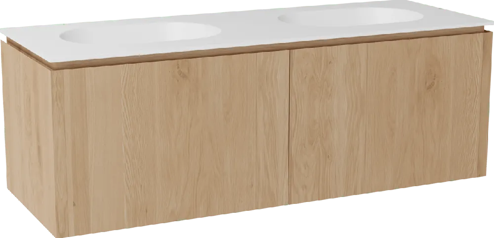 Balmani Eclips meuble salle de bains suspendu 150 x 55 cm Chêne naturelle avec Tablo Oval double vasque en Solid Surface blanc mat