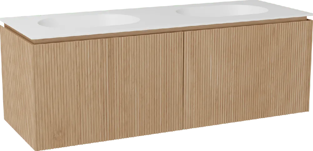 Balmani Eclips meuble salle de bains suspendu 150 x 55 cm Chêne naturelle avec Tablo Oval double vasque en Solid Surface blanc mat, Nervure droite symétrique verticale