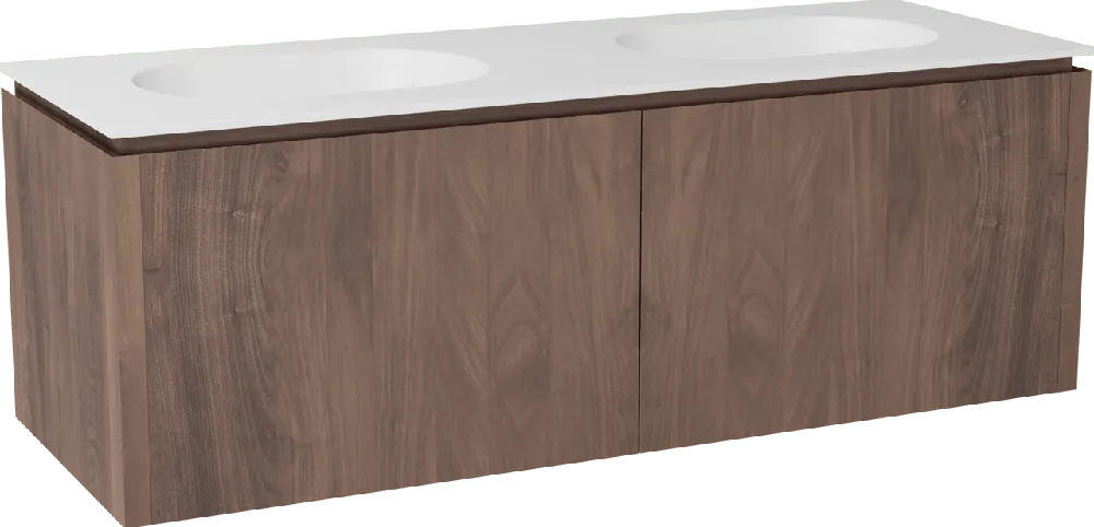 Balmani Eclips meuble salle de bains suspendu 150 x 55 cm Noyer américain avec Tablo Oval double vasque en Solid Surface blanc mat