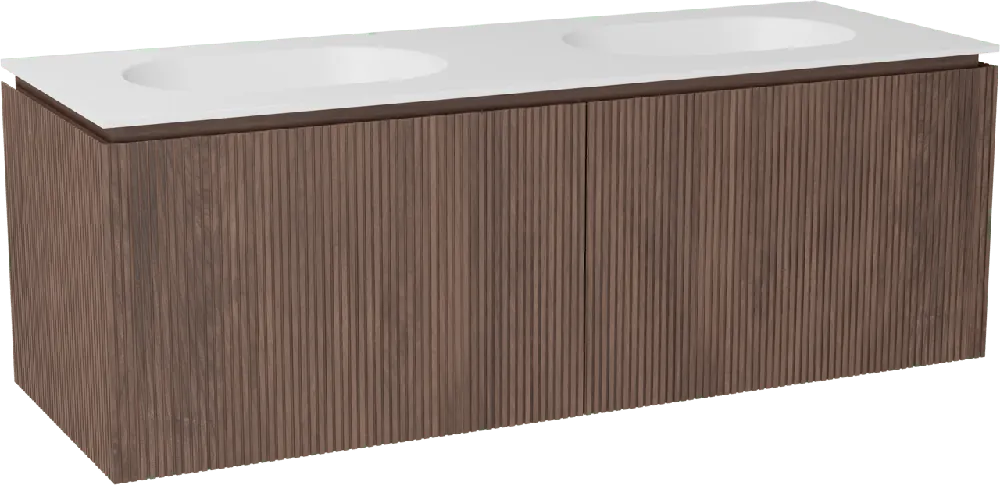 Balmani Eclips meuble salle de bains suspendu 150 x 55 cm Noyer américain avec Tablo Oval double vasque en Solid Surface blanc mat, Nervure droite symétrique verticale