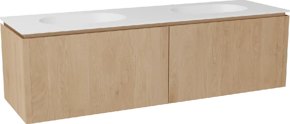 Balmani Eclips meuble salle de bains suspendu 180 x 55 cm Chêne naturelle avec Tablo Oval double vasque en Solid Surface blanc mat