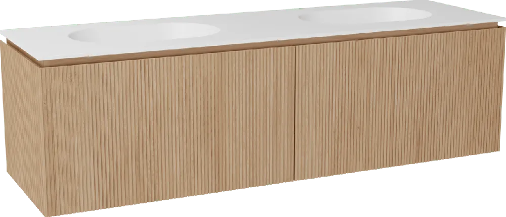 Balmani Eclips meuble salle de bains suspendu 180 x 55 cm Chêne naturelle avec Tablo Oval double vasque en Solid Surface blanc mat, Nervure droite symétrique verticale