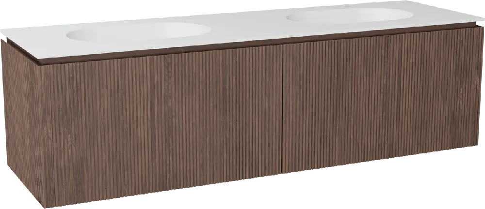 Balmani Eclips meuble salle de bains suspendu 180 x 55 cm Noyer américain avec Tablo Oval double vasque en Solid Surface blanc mat, Nervure droite symétrique verticale