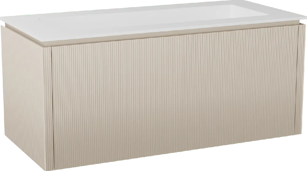 Balmani Eclips meuble salle de bains suspendu 120 x 55 cm Sandbeige avec Tablo Stretto plan simple pour 2 trous de robinet en Solid Surface blanc mat, Nervure droite symétrique verticale