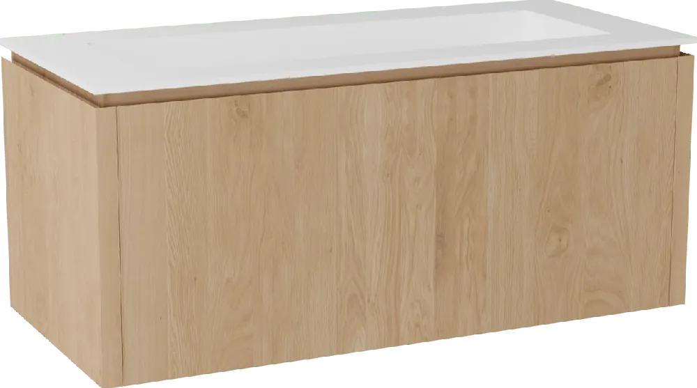 Balmani Eclips meuble salle de bains suspendu 120 x 55 cm Chêne naturelle avec Tablo Stretto plan simple pour 2 trous de robinet en Solid Surface blanc mat