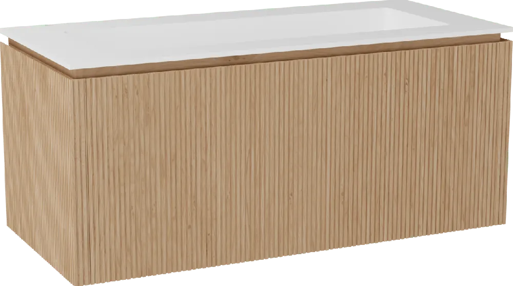 Balmani Eclips meuble salle de bains suspendu 120 x 55 cm Chêne naturelle avec Tablo Stretto plan simple pour 2 trous de robinet en Solid Surface blanc mat, Nervure droite symétrique verticale