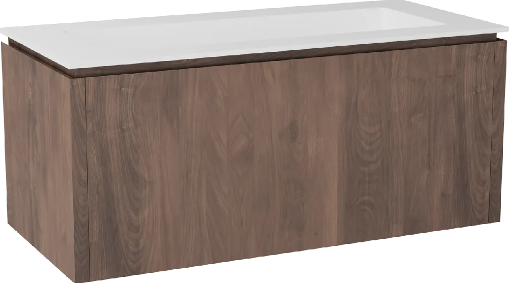 Balmani Eclips meuble salle de bains suspendu 120 x 55 cm Noyer américain avec Tablo Stretto plan simple pour 2 trous de robinet en Solid Surface blanc mat