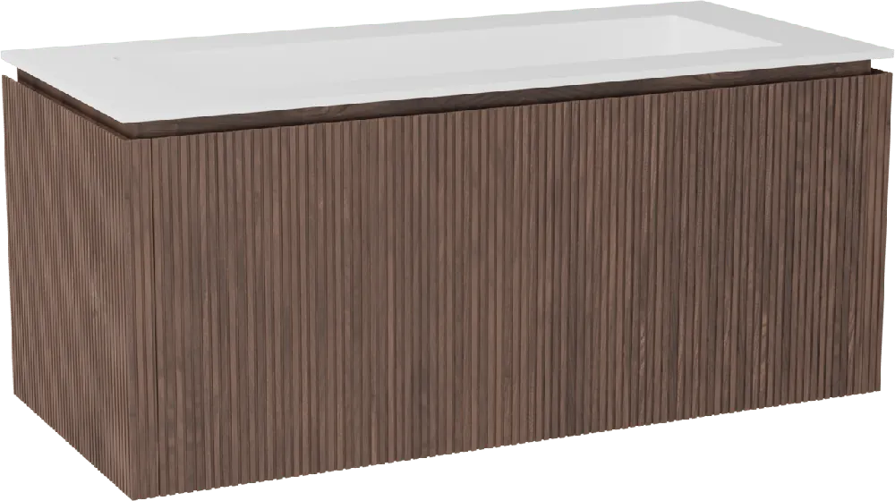 Balmani Eclips meuble salle de bains suspendu 120 x 55 cm Noyer américain avec Tablo Stretto plan simple pour 2 trous de robinet en Solid Surface blanc mat, Nervure droite symétrique verticale