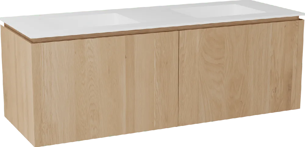 Balmani Eclips meuble salle de bains suspendu 150 x 55 cm Chêne naturelle avec Tablo Stretto double vasque en Solid Surface blanc mat