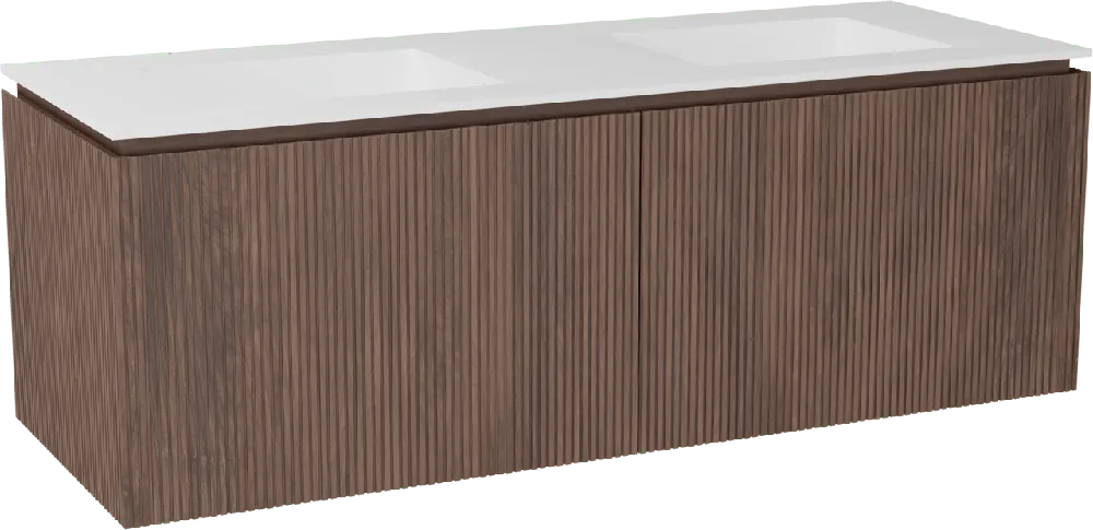 Balmani Eclips meuble salle de bains suspendu 150 x 55 cm Noyer américain avec Tablo Stretto double vasque en Solid Surface blanc mat, Nervure droite symétrique verticale