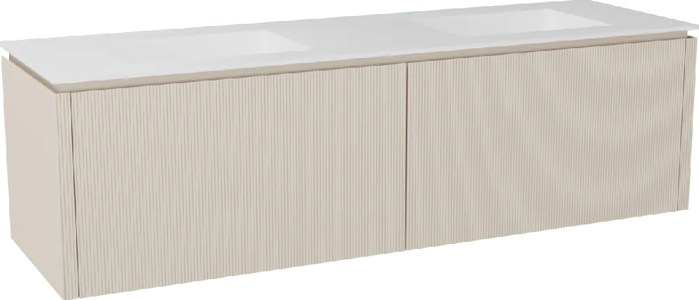 Balmani Eclips meuble salle de bains suspendu 180 x 55 cm Sandbeige avec Tablo Stretto double vasque en Solid Surface blanc mat, Nervure droite symétrique verticale