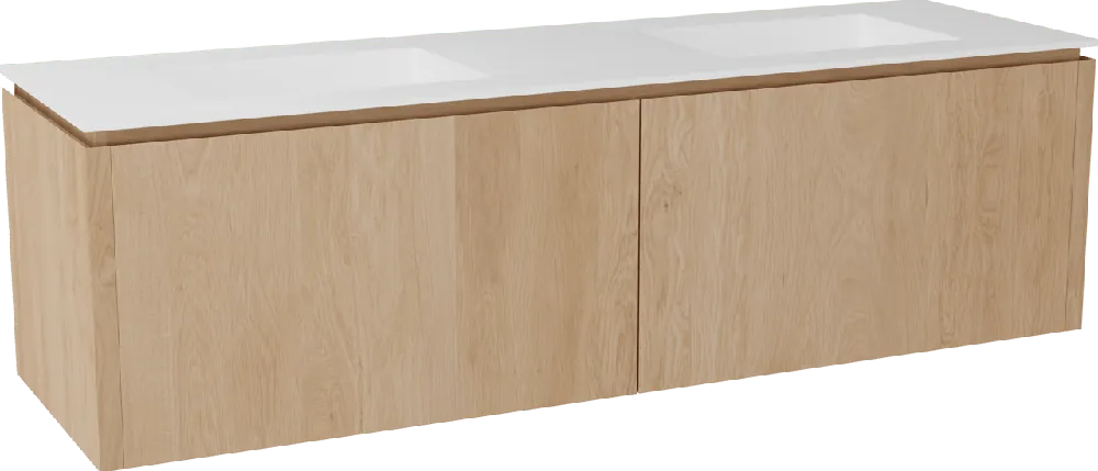 Balmani Eclips meuble salle de bains suspendu 180 x 55 cm Chêne naturelle avec Tablo Stretto double vasque en Solid Surface blanc mat