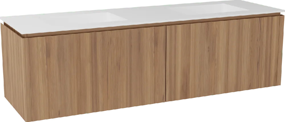 Balmani Eclips meuble salle de bains suspendu 180 x 55 cm Teck avec Tablo Stretto double vasque en Solid Surface blanc mat