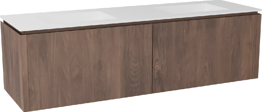 Balmani Eclips meuble salle de bains suspendu 180 x 55 cm Noyer américain avec Tablo Stretto double vasque en Solid Surface blanc mat
