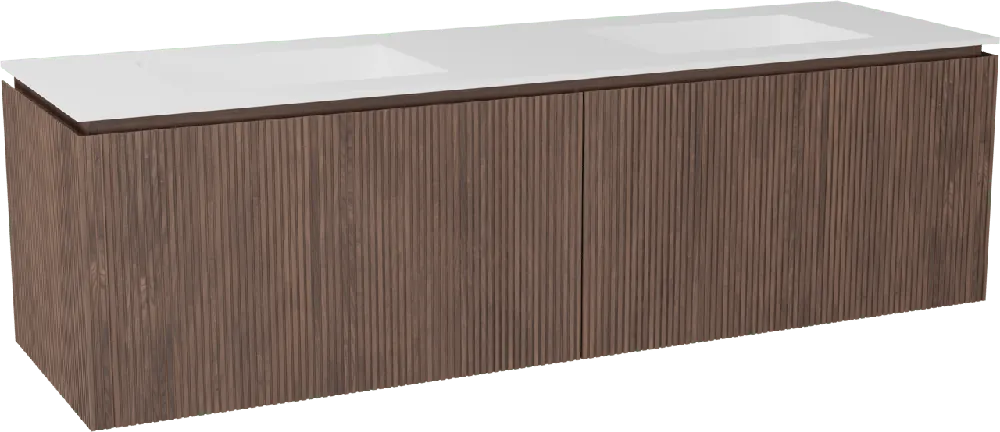 Balmani Eclips meuble salle de bains suspendu 180 x 55 cm Noyer américain avec Tablo Stretto double vasque en Solid Surface blanc mat, Nervure droite symétrique verticale