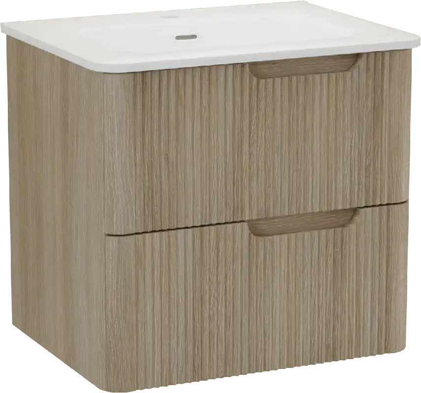 Linie Curvo meuble salle de bains suspendu 60 x 46 cm chêne clair avec Baro Curvo plan simple en porcelaine blanc brillant, Nervure circulaire symétrique verticale