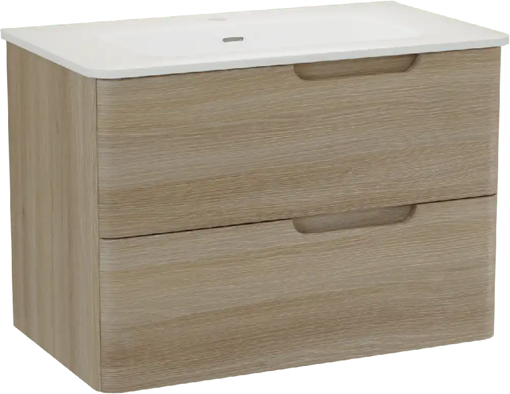 Linie Curvo meuble salle de bains suspendu 80 x 46 cm chêne clair avec Baro Curvo plan simple en porcelaine blanc brillant